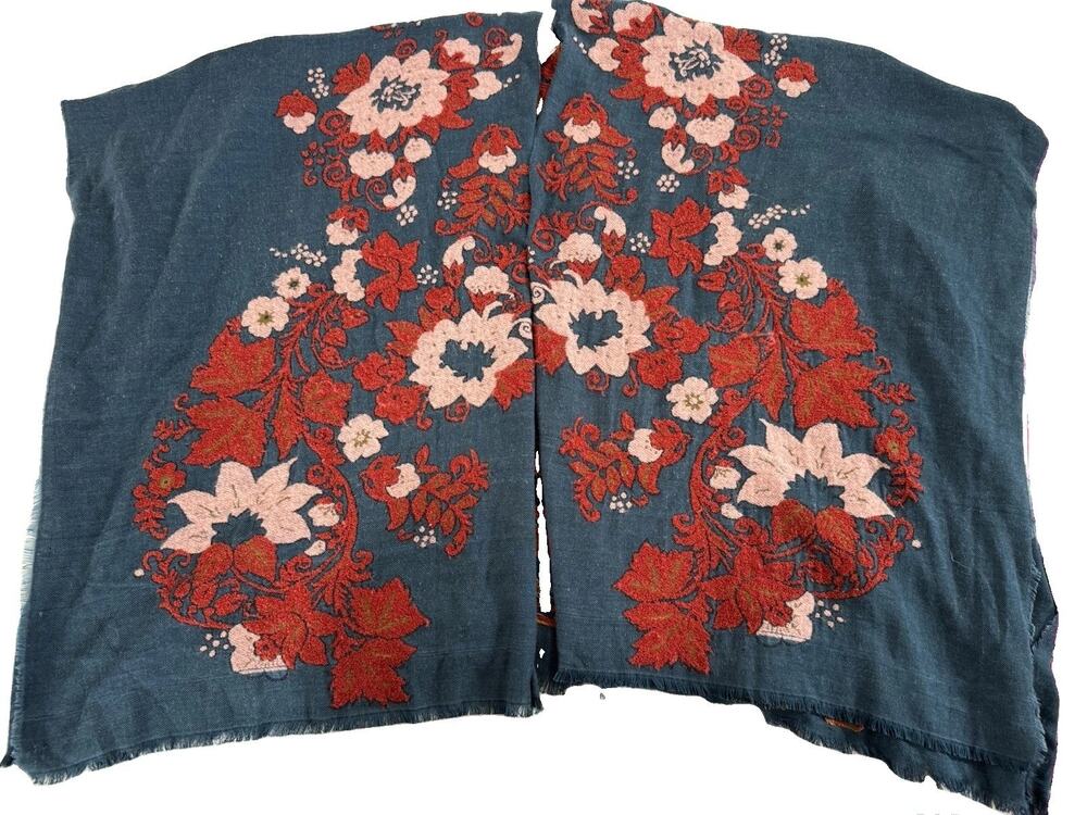Anthropologie Folk Tale Floral Knit Embroidered Shawl/Wrap Blue Red Pink Wool